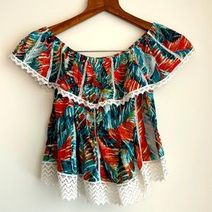 RAGA Abstract Floral Multi Colored Ruffle Off Shoulder Top